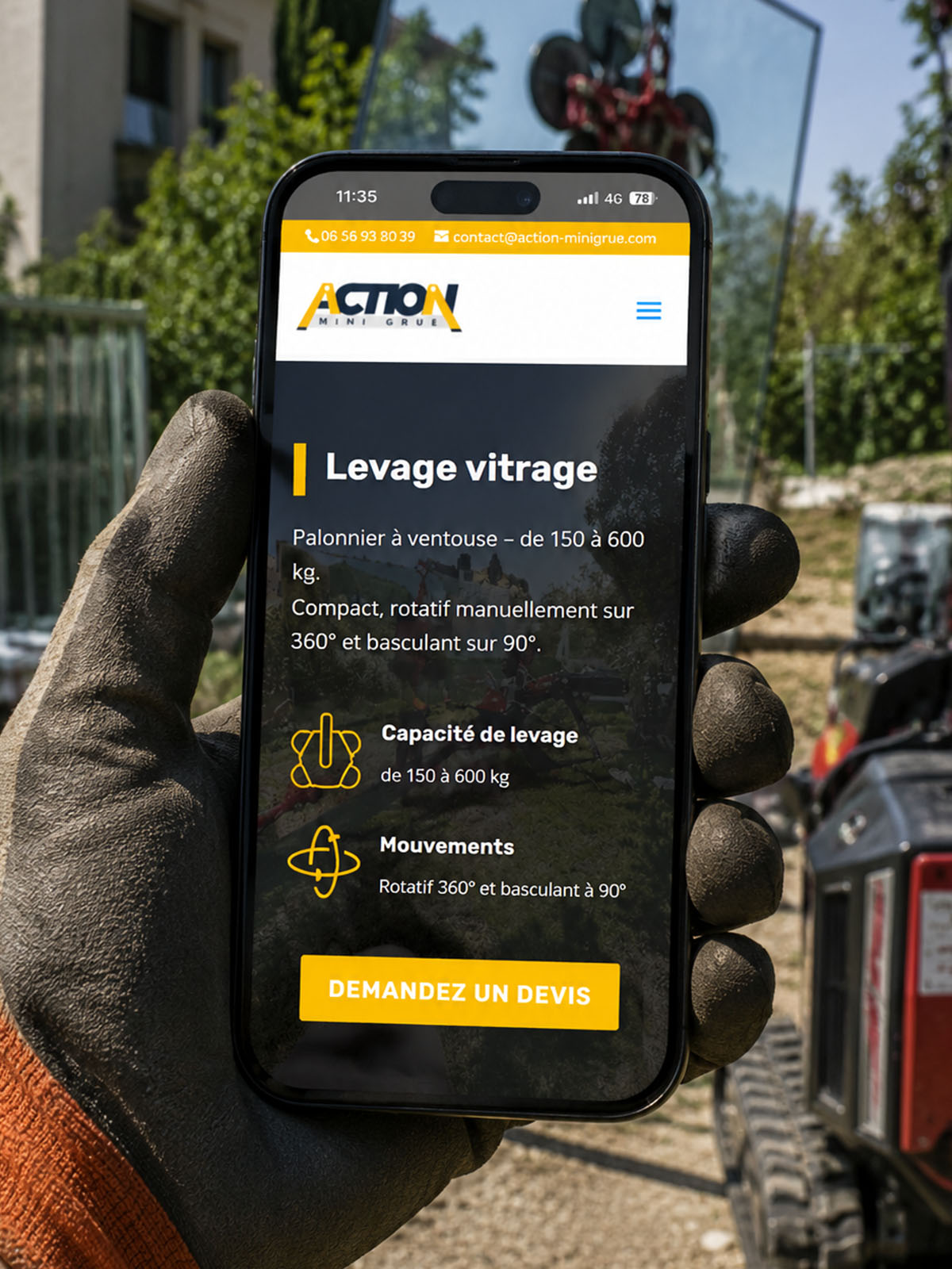 ACTION MINI GRUE — site mobile, page Levage vitrage